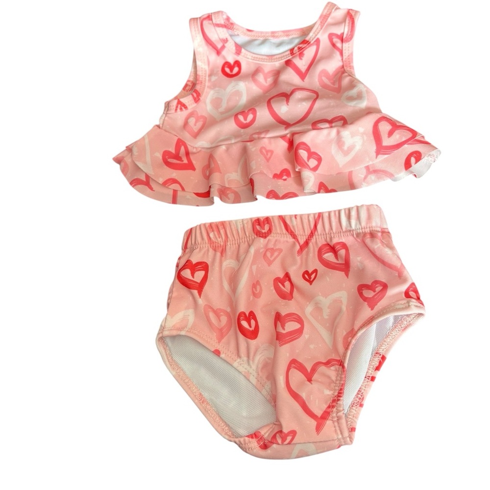 Baby Girl‎ Boutique Swimsuit Size 9-12 Months Heart Print 2-Piece Ruffle Top